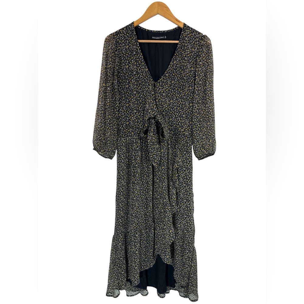 Abercrombie & Fitch Ruffle Hem Faux Wrap Midi Dress High Low w/ Scrunchie Sz M - Picture 3 of 10